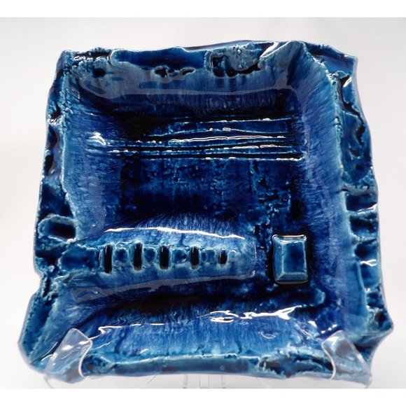 Pair Vintage MCM Large Blue Ashtrays Marked Japan. Square Ashtray 9 1/4" L x 9 1 - Picture 7 of 10